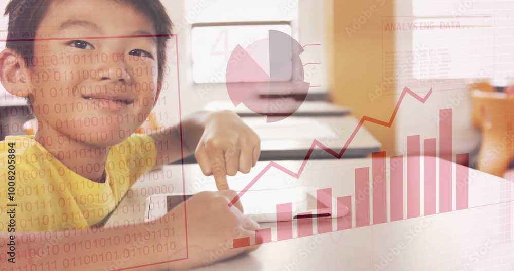 Poster analyzing data image over child using tablet in classroom