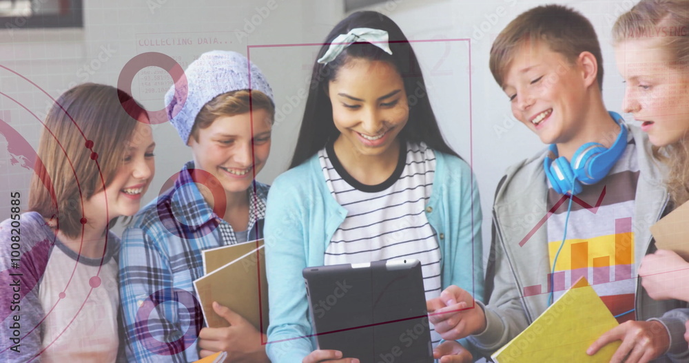 Poster analyzing data and graphs image over diverse students using tablet
