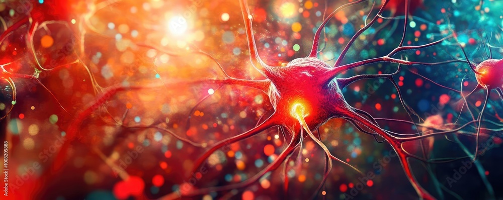 Poster vibrant close-up of a neuron showcasing intricate details and colorful connections in a neural netwo