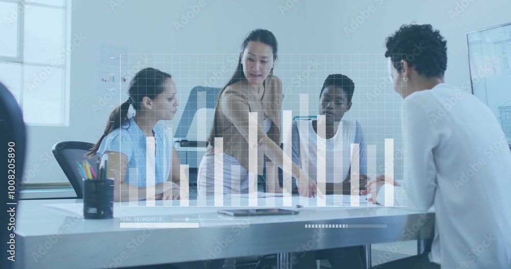 Poster business team collaborating at table with bar graph image over them