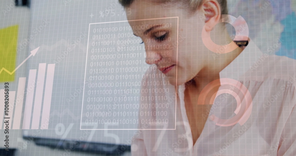 Poster binary code and financial data image over businesswoman working in office