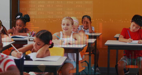 Children studying in classroom with data processing image over them
