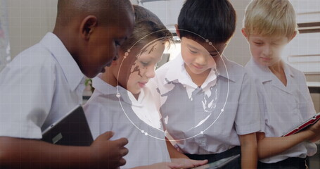Children using tablets, digital world map and data processing image over them