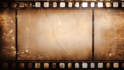 Vintage Filmstrip Frame with Scratches and Faded Edges Aged Sepia Toned Cinematic Background with Textured Film Grain, Empty Frames, Weathered Marks Evoking Nostalgic Analog Photography Old Cinema