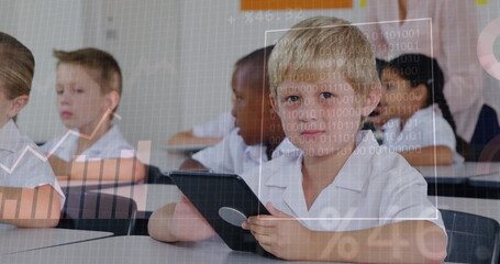 Children in classroom using tablets, data processing image over them