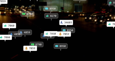 Social media interaction icons image over night traffic scene