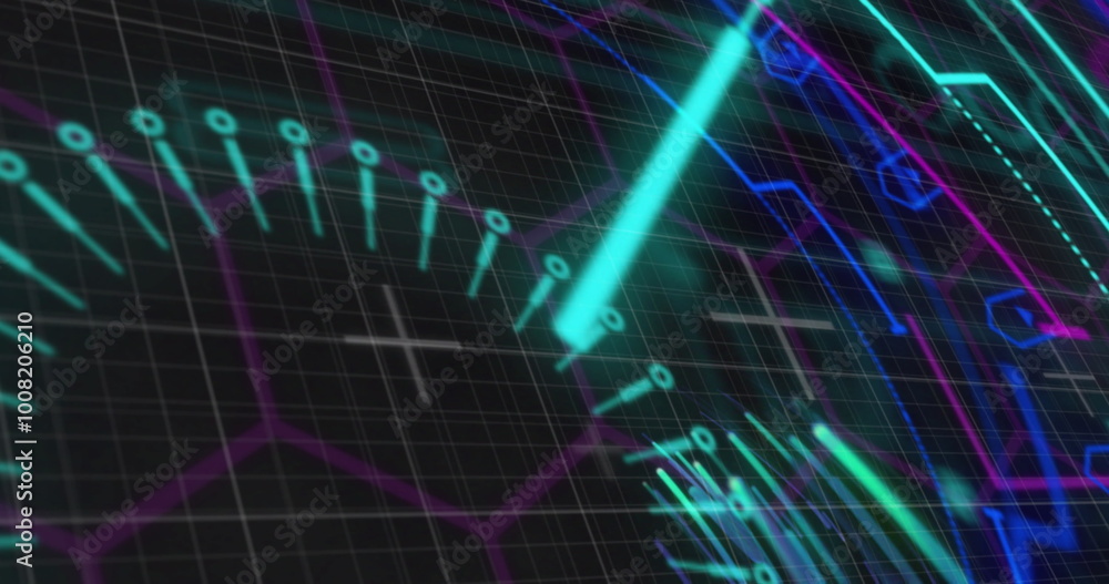 Poster image of scope scanning with shapes over light trails on black background