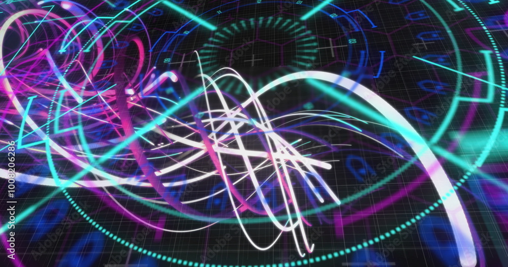 Poster image of scope scanning with shapes over light trails on black background