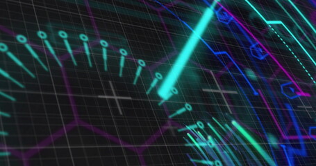 Image of scope scanning with shapes over light trails on black background