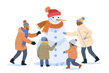 Family building snowman winter activity outdoor scene. Parents and children enjoying making snowman together in winter clothing. Colorful hats scarves. Seasonal holiday fun
