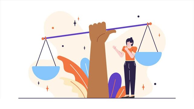 concept of justice with scales and a character symbolizing fairness and equality illustration animated video