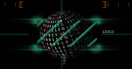 Image of spinning globe and shapes over binary coding