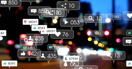 Image of icons and data processing over out of focus city