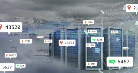 Image of social media icon and numbers, network of connections over computer servers
