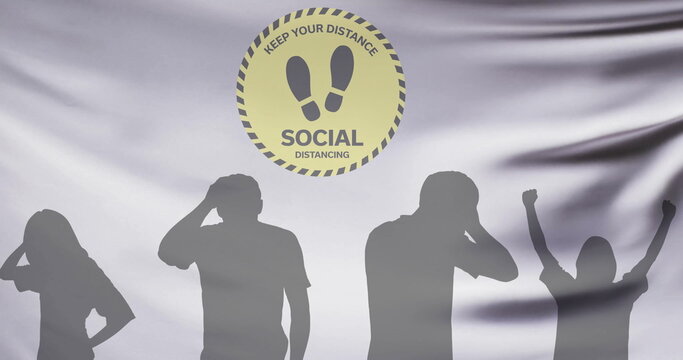 Image of silhouettes of people jumping and floating cloth with social distancing text - Powered by Adobe