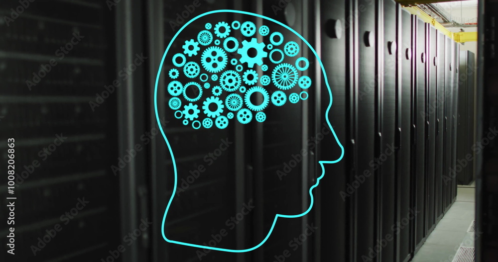 Poster image of flashing blue head with ai cog brain over server room