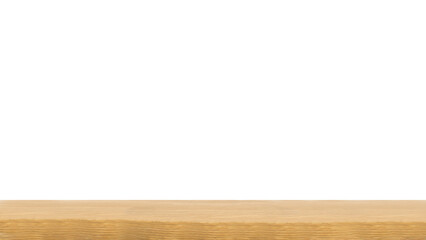 Wood table top or wooden empty shelf isolated on white background for product display. Kitchen countertop or wooden desk from front view. 