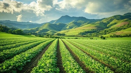 Lush green fields with rows of crops and mountains under a cloudy sky.