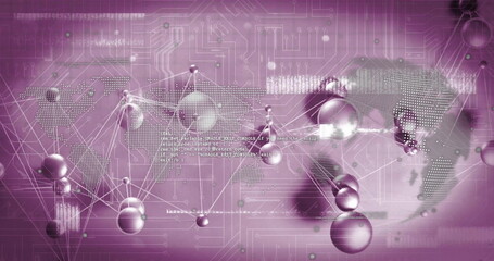 Image of scientific data processing and connections over pink background