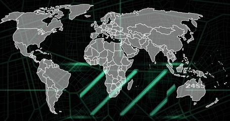 Fototapeta premium Image of scientific data processing over world map on dark background