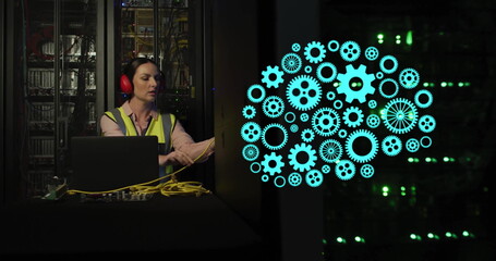 Image of ai cog brain over caucasian female technician in server room