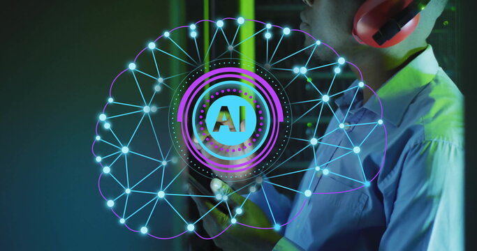 Image of circular ai scanner and brain network over asian male technician in server room