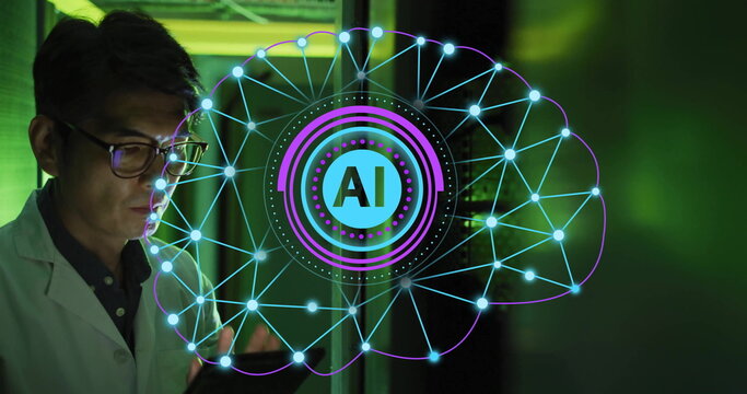 Image of circular ai scanner and brain network over asian male technician in server room