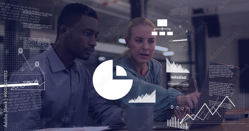 Poster image of data processing and diagrams over diverse colleagues discussing work