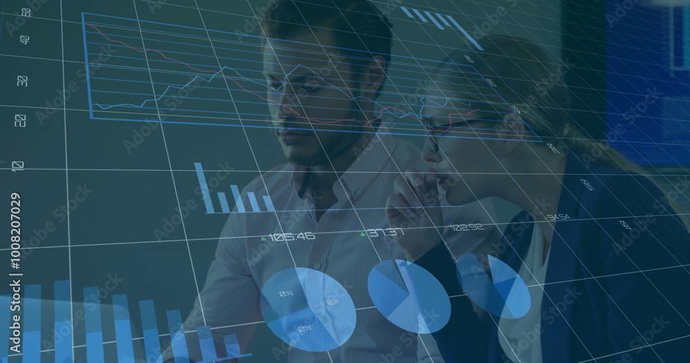 Poster image of financial data processing over diverse colleagues discussing work in office