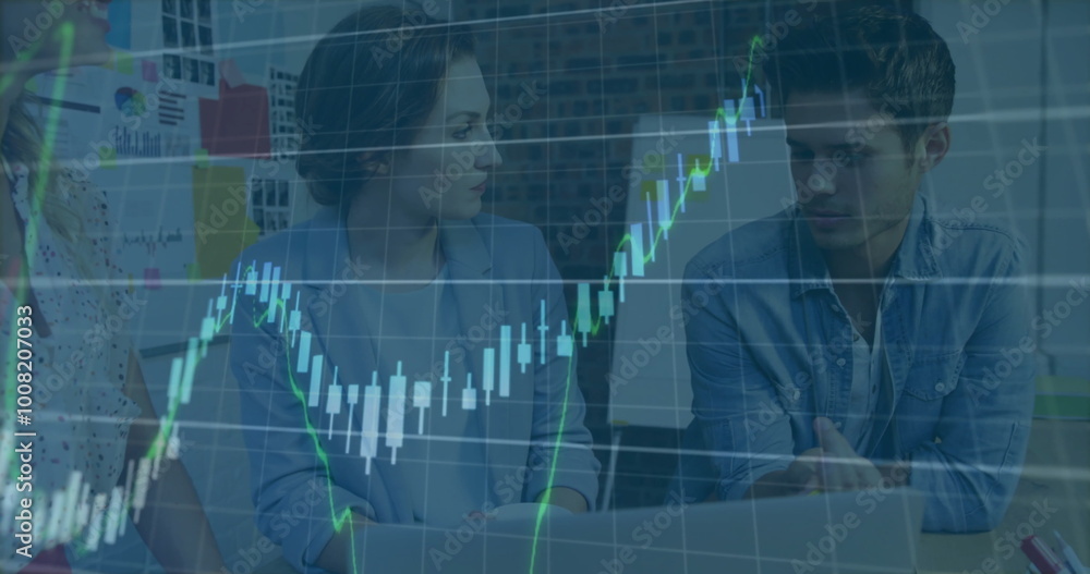 Poster image of financial data processing over diverse colleagues discussing work in office