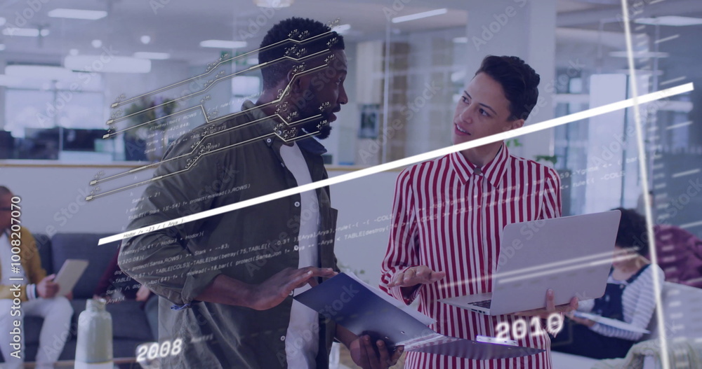 Poster image of data processing and diagrams over diverse colleagues discussing work