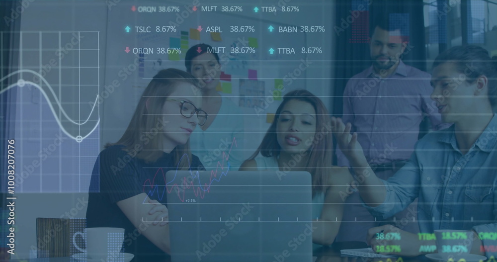Poster image of financial data processing over diverse colleagues discussing work in office