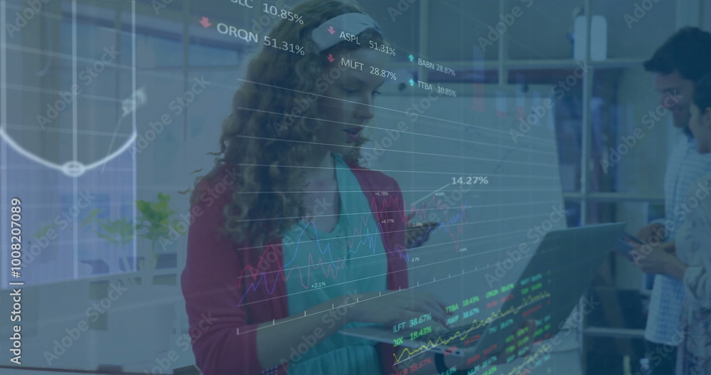 Poster image of financial data processing over diverse colleagues discussing work in office