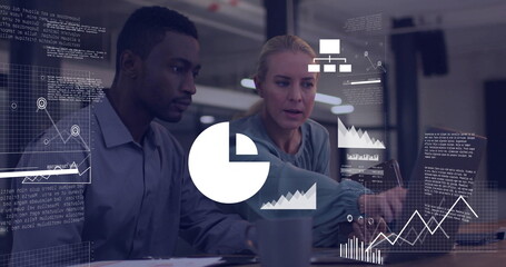 Image of data processing and diagrams over diverse colleagues discussing work