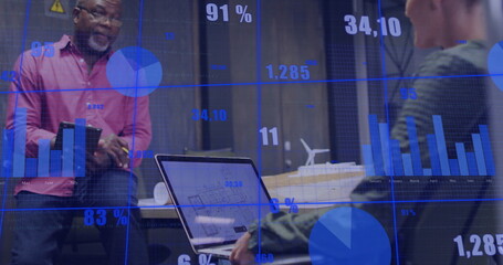Image of data processing and diagrams over diverse colleagues discussing work