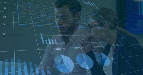 Image of financial data processing over diverse colleagues discussing work in office