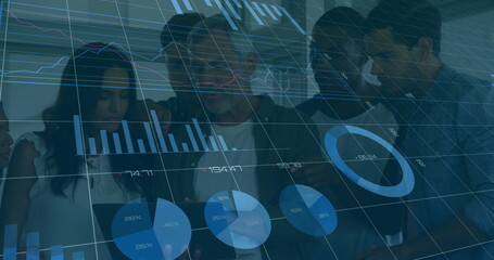 Image of financial data processing over diverse colleagues discussing work in office