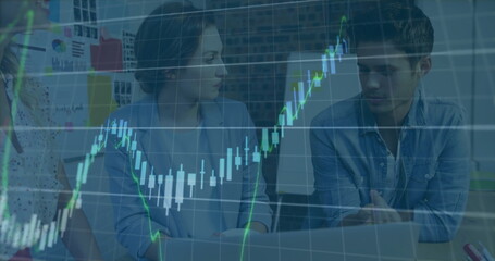 Image of financial data processing over diverse colleagues discussing work in office