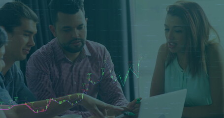 Image of financial data processing over diverse colleagues discussing work in office