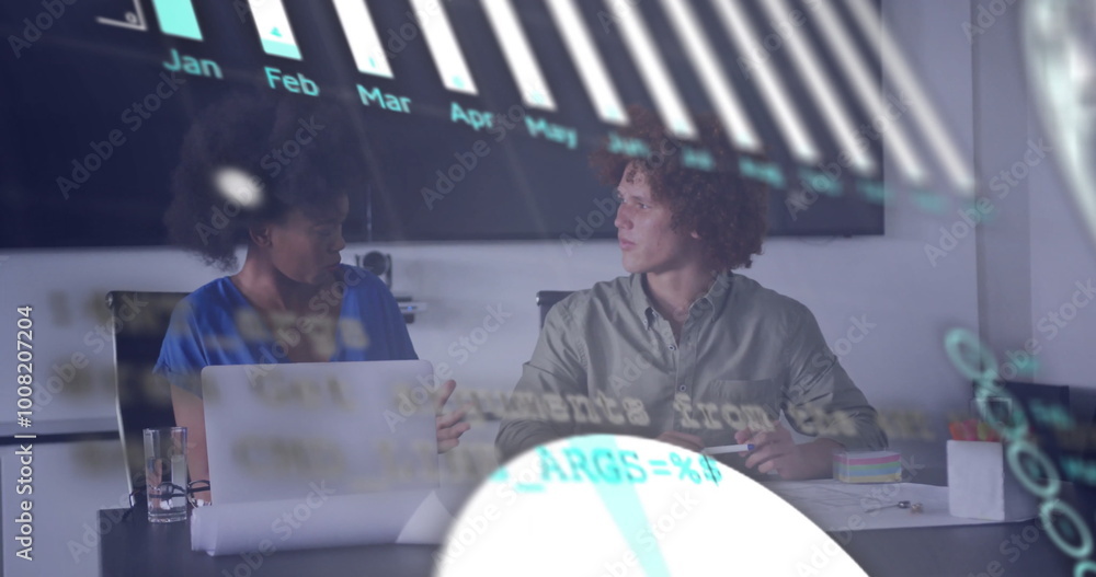 Poster image of data processing and diagrams over diverse colleagues discussing work