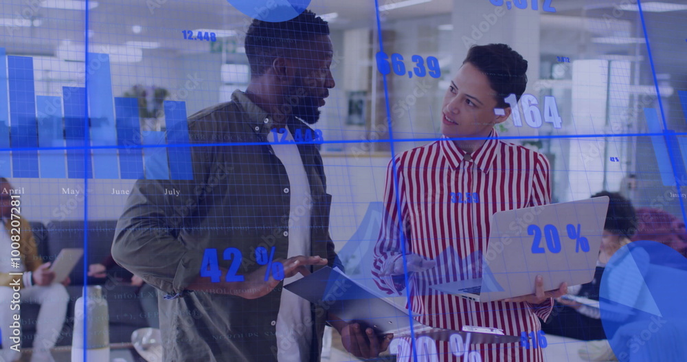 Poster image of data processing and diagrams over diverse colleagues discussing work