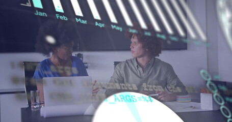 Image of data processing and diagrams over diverse colleagues discussing work