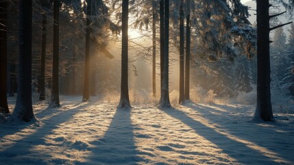 A serene winter forest scene with sunlight filtering through trees and casting long shadows.