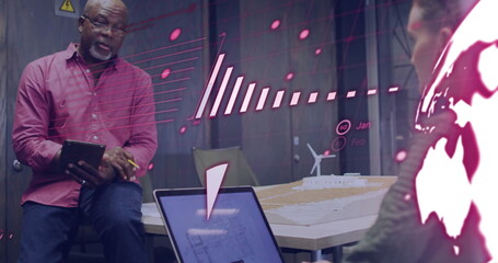 Image of data processing and diagrams over diverse colleagues discussing work