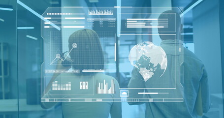 Image of financial data processing over diverse business people in office