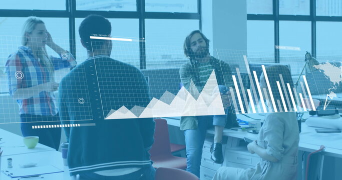 Image of financial data processing over diverse business people in office