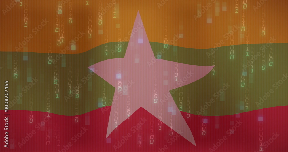 Poster image of flag of myanmar over binary coding