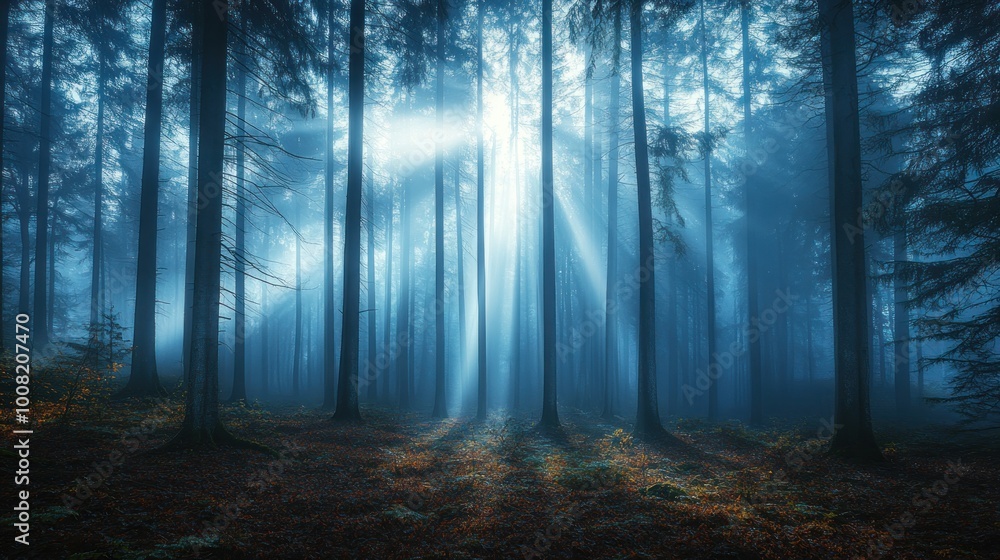 Poster a misty forest with sunlight streaming through the trees, creating a serene atmosphere.