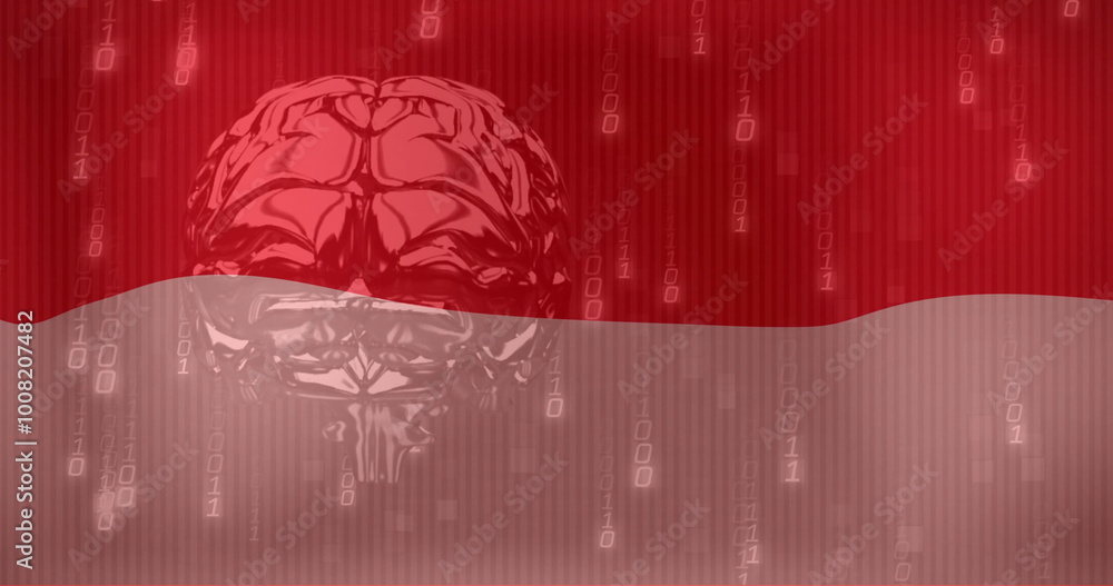 Poster image of flag of indonesia over binary coding and brain