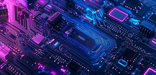 Obraz premium Circuit board themed background in blue and purple highlighting technological sophistication.